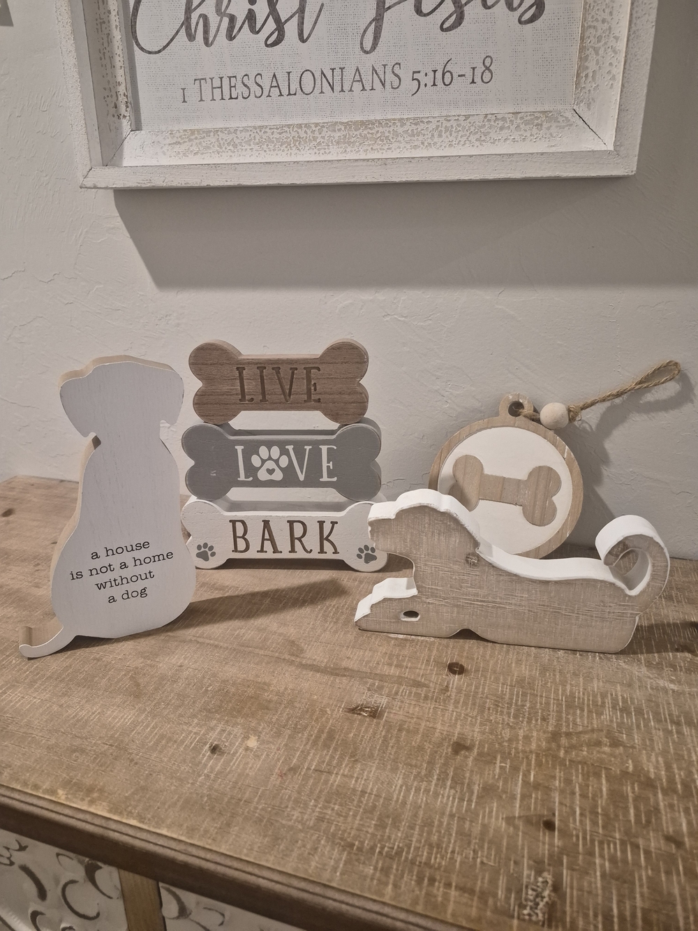 Dog-Themed Wooden Table Decor Set in White and Natural Wood
